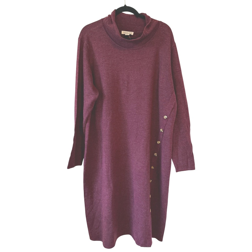 Coldwater Creek Burgundy Heather Funnel Neck Button Detail Sweater Dress 1522